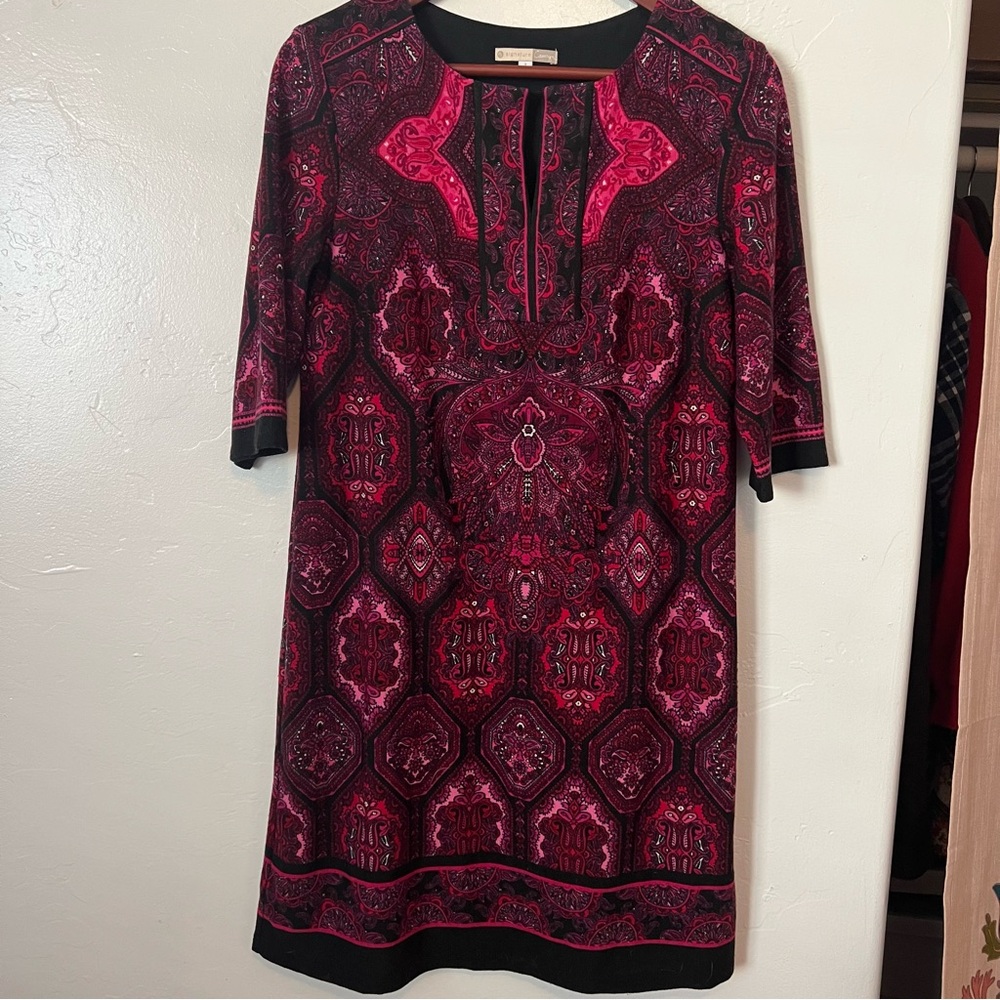 Signature Fuchsia and Black Patterned 3/4 Sleeve Dress Size 8